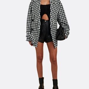 Balmain Double Breasted Houndstooth Belted Black & White Tweed Peacoat Jacket